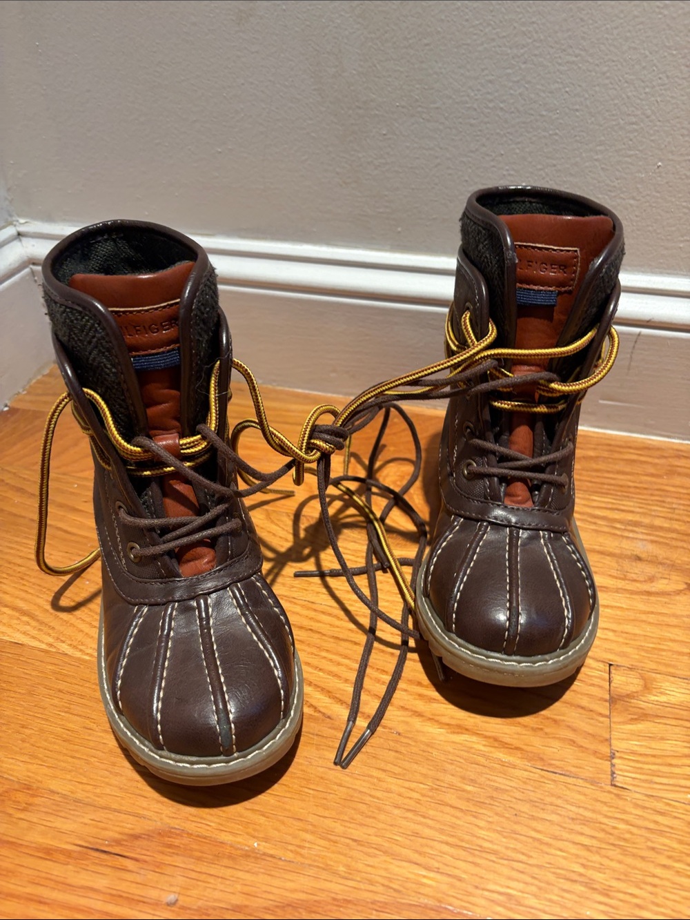 Tommy Hilfiger Kids Brown Waterproof Duck Boots with Yellow Laces